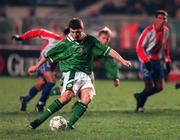 10 February 1999; Denis Irwin of Republic of Ireland shoots to score his side's first goal from the penalty spot  during the International Friendly match between Republic of Ireland and Paraguay at Lansdowne Road in Dublin. Photo by Ray McManus/Sportsfile