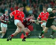 14 February 1999; Martin Cronin of Cork in action against Tommy Joyce of Galway during the Church & General National Football League Division 1 match between Cork and Galway at Páirc Uí Rinn in Cork. Photo by Brendan Moran/Sportsfile