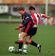 14 February 1999; Martin O'Reilly of St Patrick's Athletic  in action against Darren Kelly of Derry City during the Harp Lager National League Premier Division match between Derry City and St Patrick's Athletic at The Brandywell Stadium in Derry. Photo by Ray Lohan/Sportsfile