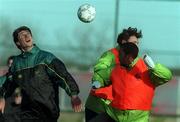 9 February 1999; Niall Quinn, left, in action against Phil Babb and Tony Cascarino during a Republic of Ireland training session at the AUL Grounds in Clonshaugh, Dublin. Photo by Matt Browne/SPORTSFILE