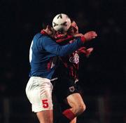 5 February 1999; Pat Scully of Shelbourne in action against Ray Kelly of Bohemians during the Harp Lager FAI Cup Second Round match between Bohemians and Shelbourne at Dalymount Park in Dublin. Photo by Damien Eagers/Sportsfile