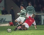 29 January 1999; Jason Colwell of Shamrock Rovers is tackled by Paul Osam of St. Patrick's Athletic during the Harp Lager National League Premier Division match between St Patrick's Athletic and Shamrock Rovers at Richmond Park in Dublin. Photo by Damien Eagers/Sportsfile