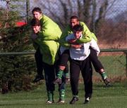9 February 1999; Gary Breen carries Robbie Keane and Ian Harte carries Phil Babb during a Republic of Ireland training session at the AUL Grounds in Clonshaugh, Dublin. Photo by Matt Browne/Sportsfile