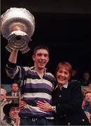 17 March 1997; Terenure captain David Blaney and his mother Dorothy Blaney with the trophy following the Leinster Schools Senior Cup Final match between Terenure College and Clongowes Wood College at Lansdowne Road in Dublon. Photo by Brendan Moran/Sportsfile