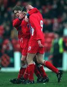 31 January 1999; Tony Sheridan of Shelbourne, right, celebrates scoring his side's first goal with team-mates Pat Fenlon and Richie Baker during the Harp Lager National League Premier Division match between Shelbourne and Cork City at Tolka Park in Dublin. Photo by Ray Lohan/Sportsfile
