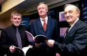 30 November 2004;  Minister For Arts, Sport and Tourism, Mr John O'Donoghue TD, centre, with Dr. Tony Fahey, left, author of the report and Brendan J.Whelan, Director of the E.R.S.I.,  at the launch the first publication from the Sports Research Centre, a partnership between the Irish Sports Council and the Economic and Social Research Institute. ESRI, Burlington Road, Dublin. Picture credit; David Maher / SPORTSFILE
