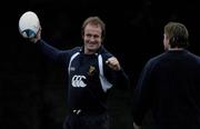 1 December 2004; Leinster's Denis Hickie, left, shares a joke with team-mate Brian O'Driscoll during squad training, Old Belvedere Rugby Club, Anglesea Road, Dublin. Picture credit; Brian Lawless / SPORTSFILE