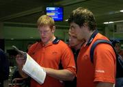 1 December 2004; Munster's Paul O'Connell, Alan Quinlan and Donnacha O'Callaghan pictured on their arrival at Toulouse International airport. Toulouse, France. Picture credit; Matt Browne / SPORTSFILE