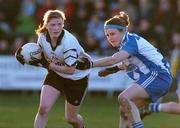 28 November 2004; Aisling O'Connor, Donaghmore, in action against Sorcha Farrelly, Ballyboden St. Enda's. AIB Ladies Club All-Ireland Senior Football Final, Donaghmore v Ballyboden St. Enda's, St. Brendan's Park, Birr, Co. Offaly. Picture credit; Pat Murphy / SPORTSFILE