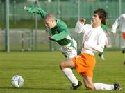 2 December 2004; Craig Duggan, Republic of Ireland U15, in action against Gianluca Nijholt, Holland U15. U15 Friendly International, Republic of Ireland U15 v Holland U15, Home Farm F.C., Whitehall, Dublin. Picture credit; Brian Lawless / SPORTSFILE