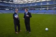 2 December 2004; Former Tyrone captain Peter Canavan in conversation with Irish Rugby Captain Brian O'Driscoll at the official launch of a fundraising banquet for the Cormac Trust in memory of the late Cormac McAnallen.The Cormac Trust Fund will not only honour and remember Cormac but also attempt to reduce the chances of young people dying from such heart conditions. Croke Park, Dublin. Picture credit; Ray McManus / SPORTSFILE