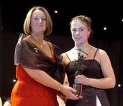 4 December 2004; Stephanie Gannon of Galway is presented with the Young Player of the Year award by Miriam O'Callaghan, President of Cumann Camogaiochta na nGael, at the 2004 Camogie All-Star Awards. Citywest Hotel, Dublin. Picture credit; Ray McManus / SPORTSFILE