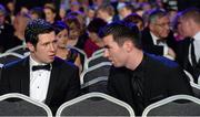 8 November 2013; Dublin footballer and Player of the Year in football Michael Darragh Macauley, right, in convesation with Tyrone footballer Sean Cavanagh at the GAA GPA All-Star Awards 2013 Sponsored by Opel in Croke Park, Dublin. Picture credit: Brendan Moran / SPORTSFILE