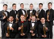 8 November 2013; Dublin hurlers and footballers with their 2013 GAA GPA All-Star awards, sponsored by Opel, back row, from left, Bernard Brogan, Rory O'Carroll, Peter Kelly, Liam Rushe, Danny Sutcliffe, and Footballer of the Year Michael Darragh Macauley, with front row, from left,  Cian O'Sullivan, Paul Flynn, Young Player of the Year Jack McCaffrey and Stephen Cluxton at the 2013 GAA GPA All-Star awards in Croke Park, Dublin. Photo by Sportsfile