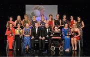 9 November 2013; The 2013 TG4 Ladies Football All-Star team, back row, from left, Cora Courtney, Monaghan, Yvonne Byrne, Mayo, Caoimhe Mohan, Monaghan, Valerie Mulcahy, Cork, Cora Staunton, Mayo, Louise Ni Mhuircheartaigh, Kerry, Juliet Murphy, Cork, Annette Clarke, Galway, Sinead Goldrick, Dublin, and Sarah Houlihan, Kerry, with front, from left, Gráinne McNally, Monaghan, Sharon Courtney, Monaghan, Deirdre O'Reilly, Cork, Pól O Gallchóir, Ceannsaí, TG4, Pat Quill, President of the Ladies Gaelic Football Association, Special Guest Joanne O'Riordan, Geraldine O'Flynn, Cork and Briege Corkery, Cork. TG4 Ladies Football All-Star Awards 2013, Citywest Hotel, Saggart, Co. Dublin. Picture credit: Brendan Moran / SPORTSFILE