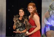 9 November 2013; Kerry players Sarah Houlihan, left, and Louise Ni Mhuircheartaigh with their TG4 Ladies Football All-Star Awards. TG4 Ladies Football All-Star Awards 2013, Citywest Hotel, Saggart, Co. Dublin. Picture credit: Brendan Moran / SPORTSFILE