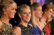 9 November 2013; Cork's Valerie Mulcahy, alongside Caoimhe Mohan, Monaghan, Cora Staunton, Mayo and Louise Ni Mhuircheartaigh, Kerry, after winning her 5th TG4 Ladies Football All-Star Award. TG4 Ladies Football All-Star Awards 2013, Citywest Hotel, Saggart, Co. Dublin. Picture credit: Brendan Moran / SPORTSFILE