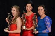 9 November 2013; The TG4 Players' Players of the Year award recipients, from left, Junior Players' Player of the Year Máiread Daly, Offaly, Intermediate Players' Player of the Year Gráinne Smith, Cavan, and Senior Players' Player of the Year Geraldine O'Flynn, Cork. TG4 Ladies Football All-Star Awards 2013, Citywest Hotel, Saggart, Co. Dublin. Picture credit: Brendan Moran / SPORTSFILE