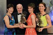 9 November 2013; Monaghan players and sisters Sharon, right, and Cora Courtney, with their parents Joan and Francis and their TG4 Ladies Football All-Star Awards. TG4 Ladies Football All-Star Awards 2013, Citywest Hotel, Saggart, Co. Dublin. Picture credit: Brendan Moran / SPORTSFILE