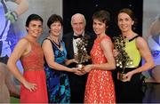 9 November 2013; Monaghan players and sisters Sharon, right, and Cora Courtney, with their parents Joan and Francis and sister Joanne, left, and their TG4 Ladies Football All-Star Awards. TG4 Ladies Football All-Star Awards 2013, Citywest Hotel, Saggart, Co. Dublin. Picture credit: Brendan Moran / SPORTSFILE