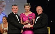 9 November 2013; Mary Jo Curran, Kerry, is presented with her Hall of Fame Award by Pat Quill, President of the Ladies Gaelic Football Association, in the company of Pól O Gallchóir, left, Ceannsaí, TG4. TG4 Ladies Football All-Star Awards 2013, Citywest Hotel, Saggart, Co. Dublin. Picture credit: Brendan Moran / SPORTSFILE