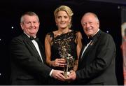 9 November 2013; Juliet Murphy, Cork, is presented with her TG4 Ladies Football All-Star Award by Pat Quill, President of the Ladies Gaelic Football Association, in the company of Pól O Gallchóir, left, Ceannsaí, TG4. TG4 Ladies Football All-Star Awards 2013, Citywest Hotel, Saggart, Co. Dublin. Picture credit: Brendan Moran / SPORTSFILE