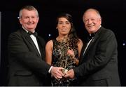 9 November 2013; Sarah Houlihan, Kerry, is presented with her TG4 Ladies Football All-Star Award by Pat Quill, President of the Ladies Gaelic Football Association, in the company of Pól O Gallchóir, left, Ceannsaí, TG4. TG4 Ladies Football All-Star Awards 2013, Citywest Hotel, Saggart, Co. Dublin. Picture credit: Brendan Moran / SPORTSFILE