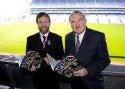 9 December 2004; The President of the GAA Sean Kelly and Des Donegan, Editor DBA Publications Ltd., today launched the new Our Games Annual - the GAA's official annual for 2005. The annual is a review of the 2004 GAA season and features a vibrant mix of colourful photographic content with articles from top GAA writers, a look back at the year that was and informative features on items such as GAA grounds, the All Stars, Games Development, Financial matters and a comprehensive fixture list for the 2005 season as well as a free colour poster featuring some of Ireland's top players. Croke Park, Dublin. Picture credit; Ray McManus / SPORTSFILE9 December 2004; The President of the GAA Sean Kelly and Des Donegan, Editor DBA Publications Ltd., today launched the new Our Games Annual - the GAA's official annual for 2005. The annual is a review of the 2004 GAA season and features a vibrant mix of colourful photographic content with articles from top GAA writers, a look back at the year that was and informative features on items such as GAA grounds, the All Stars, Games Development, Financial matters and a comprehensive fixture list for the 2005 season as well as a free colour poster featuring some of Ireland's top players. Croke Park, Dublin. Picture credit; Ray McManus / SPORTSFILE
