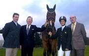 9 December 2004; Senior International riders John Floody, extreme left, and Nicola FitzGibbon with founding members Frank McGarry, left and Billy McCully and&quot;Euphoria&quot; at the launch of 'Celebrating 50 Years of Showjumping' a publication to celebrate the showjumping Association of Ireland's 50 Years in existence. K Club, Co. Kildare. Picture credit; Damien Eagers / SPORTSFILE