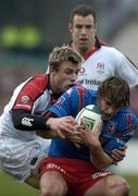 11 December 2004; Micro Bergamasco, Stade Francais, is tackled by Tommy Bowe, Ulster. Heineken European Cup 2004-2005, Pool 6, Round 4, Ulster v Stade Francais, Ravenhill, Belfast. Picture credit; Matt Browne / SPORTSFILE