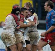 11 December 2004; Kieran Campbell, Ulster, is congratulated by David Humphreys, right and hooker Paul Shields after scoring a try. Heineken European Cup 2004-2005, Pool 6, Round 4, Ulster v Stade Francais, Ravenhill, Belfast. Picture credit; Matt Browne / SPORTSFILE