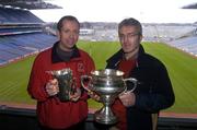 14 December 2004; Colm Bonnar, right, manager of W.I.T, holders of the Fitzgibbon cup and Michael Harte, Games development Officer, I.T Sligo, holders of the Sigerson cup at the draws for the Datapac Sigerson and Fitzgibbon Cups. Croke Park, Dublin. Picture credit; Damien Eagers / SPORTSFILE