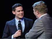 10 November 2013; Dublin captain Stephen Cluxton speaking to MC Darragh Maloney during the Dublin senior football medal presentation banquet. National Convention Centre, Spencer Dock, North Wall Quay, Dublin. Picture credit: Ray McManus / SPORTSFILE