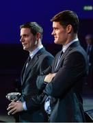 10 November 2013; Dublin captain Stephen Cluxton, left, holding a replica of the Sam Maguire Cup, and vice-captain Diarmuid Connolly during the Dublin senior football medal presentation banquet. National Convention Centre, Spencer Dock, North Wall Quay, Dublin. Picture credit: Ray McManus / SPORTSFILE