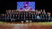 10 November 2013; Uachtarán Chumann Lúthchleas Gael Liam Ó Néill and Dublin County Board Chairman Andy Kettle pictured with members of the 1963 victorious All-Ireland team and the 2013 victorious All-Ireland team and management, following the Dublin senior football medal presentation banquet. National Convention Centre, Spencer Dock, North Wall Quay, Dublin. Picture credit: Ray McManus / SPORTSFILE