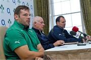 11 November 2013; Ireland's Mike Ross, left, team manager Michael Kearney, centre, and forwards coach John Plumtree speaking to the media during a press conference ahead of their Guinness Series International match against Australia on Saturday. Ireland Rugby Squad Press Conference, Carton House, Maynooth, Co. Kildare. Picture credit: Ramsey Cardy / SPORTSFILE