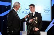 8 November 2013; Clare's Tony Kelly is interviewed by MC Michael Lyster after receiving the 2013 GAA GPA Young Hurler of the Year award, sponsored by Opel. GAA GPA All-Star Awards 2013 Sponsored by Opel, Croke Park, Dublin. Picture credit: Brendan Moran / SPORTSFILE
