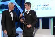 8 November 2013; Clare's Tony Kelly is interviewed by MC Michael Lyster after receiving the 2013 GAA GPA Young Hurler of the Year award, sponsored by Opel. GAA GPA All-Star Awards 2013 Sponsored by Opel, Croke Park, Dublin. Picture credit: Brendan Moran / SPORTSFILE