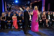 8 November 2013; Clare manager Davy Fitzgerald is interviewed by presenter Clare McNamara during the GAA GPA All-Star Awards 2013 Sponsored by Opel, Croke Park, Dublin. Picture credit: Brendan Moran / SPORTSFILE