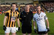10 November 2013; Referee Joe McQuillan, with team captains, Tony Kernan, Crossmaglen Rangers, and Gary McEvoy, Kilcoo Owen Roes, before the game. AIB Ulster Senior Club Football Championship, Quarter-Final Replay, Kilcoo Owen Roes, Down v Crossmaglen Rangers, Armagh. Athletic Grounds, Armagh. Picture credit: Oliver McVeigh / SPORTSFILE