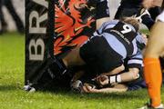 18 December 2004; David Quinlan, Leinster, touches down to score the opening try of the game. Celtic League 2004-2005, Cardiff Blues v Leinster, Cardiff Arms Park, Cardiff, Wales. Picture Credit; Tim Parfitt /  SPORTSFILE
