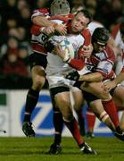 7 January 2005; Neil Best, Ulster, in action against Andy Hazell, left and Jake Boer, Gloucester. Heineken European Cup 2004-2005, Round 5, Pool 6, Ulster v Gloucester, Ravenhill, Belfast. Picture credit; Matt Browne / SPORTSFILE