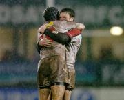7 January 2005; Bryn Cunningham, Ulster, right, celebrates with team-mate David Humphreys, after victory over Gloucester. Heineken European Cup 2004-2005, Round 5, Pool 6, Ulster v Gloucester, Ravenhill, Belfast. Picture credit; Matt Browne / SPORTSFILE