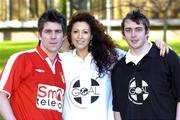 10 January 2005; Actress Carol Ann Lowe, who plays  Francesca in RTE's Fair City, with St. Patrick's Athletic players Robbie Doyle, left and Aidan O'Keefe, at a photocall to announce details of an Allstars Charity Match between St. Patrick's Athletic, including members of the cast of Fair City, and Merchants Quay Ireland. The match will take place in Richmond Park on Sunday 16th January and all proceeds will be going to GOAL's Tsunami Appeal. RTE Studios, Dublin. Picture credit; David Maher / SPORTSFILE