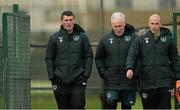 13 November 2013; Republic of Ireland assistant manager Roy Keane, left, goalkeeping coach Seamus McDonagh, centre, and trainer Dan Horan arrive for squad training ahead of their Three International Friendly match against Latvia on Friday. Republic of Ireland Squad Training, Gannon Park, Malahide, Co. Dublin. Picture credit: David Maher / SPORTSFILE
