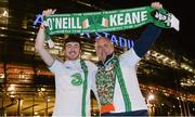 15 November 2013; Republic of Ireland supporters Jason Slevin, left, and Bevil Dunne, from Ballymore, Co. Westmeath, on their way to the game. Three International Friendly, Republic of Ireland v Latvia, Aviva Stadium, Lansdowne Road, Dublin. Picture credit: Matt Browne / SPORTSFILE