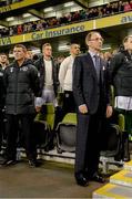15 November 2013; Republic of Ireland manager Martin O'Neill, right, and assistant manager Roy Keane during the  National Anthem. Three International Friendly, Republic of Ireland v Latvia, Aviva Stadium, Lansdowne Road, Dublin. Picture credit: David Maher / SPORTSFILE