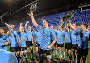 15 November 2013; UCD captain Shane Grannell celebrates with the cup alongside his team-mates. Leinster Senior League Cup Final, Terenure v UCD, Donnybrook Stadium, Donnybrook, Dublin. Picture credit: Ramsey Cardy / SPORTSFILE