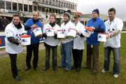9 January 2005; Irish Sports stars who were collecting for GOAL in aid of the victims of the Asian Tsunami disaster, from left, Eamonn Coghlan, Paul McGrath, Ken Doherty, Gordon D'Arcy, Ted Walsh, Denis Hickie and Emmet Byrne. Leopardstown Racecourse, Dublin. Picture credit; Brendan Moran / SPORTSFILE