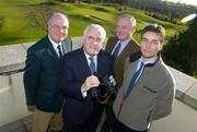 13 January 2005; The Minister of Environment, Heritage and Local Government, Mr. Dick Roche, TD, with Denis Kane, Chief Executive, Druid's Glen, left, David Rees, right, Bachelor of Science on Zoology and qualified in Conservation Management, and Derek Mulrooney, Project Manager, 2nd from right, at the Druids Glen Golf Resort, recently voted European Golf Resort of the Year 2005, where the creation of a wild bird sanctuary on the 400 acre Estate was announced. Druids Glen Golf Resort, Co. Wicklow. Picture credit; Brendan Moran / SPORTSFILE